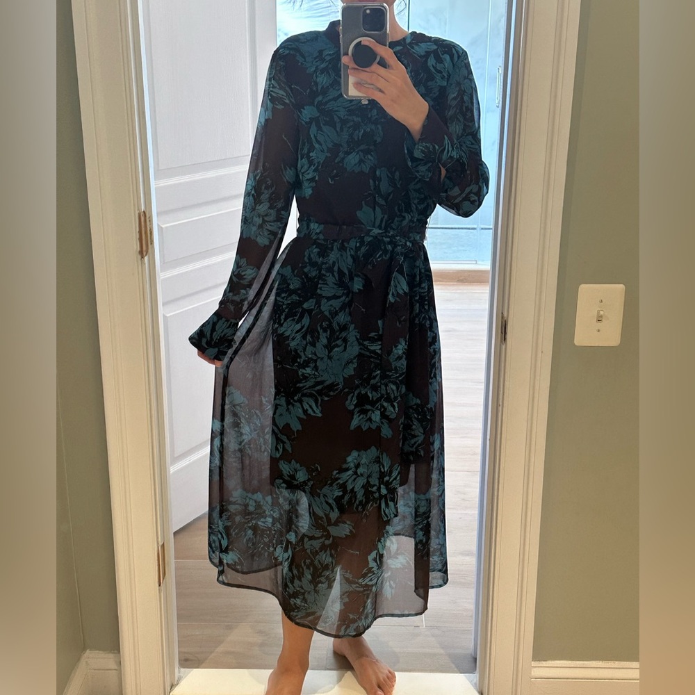 Who What Wear Black and Teal Floral Long Sleeve Dress